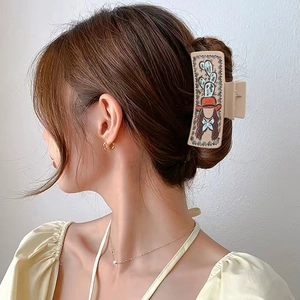 Western style beige square hair claw clip with cartoon character and cactus print