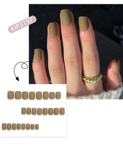 Detailed view of matte olive green short press-on nails with sizing guide and hand display