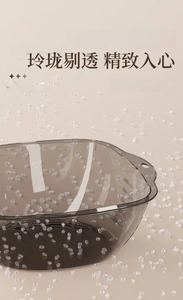 Detail of 5000ml scale markings on thick smoky grey transparent PET plastic washbasin