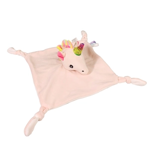 Soft pink plush baby comforter with a cute unicorn head toy and colorful mane