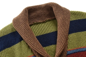 Close-up of thick multi-color knit texture and striped collar on men's sweater