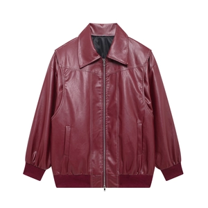 Women's burgundy faux leather motorcycle jacket with zipper and ribbed cuffs
