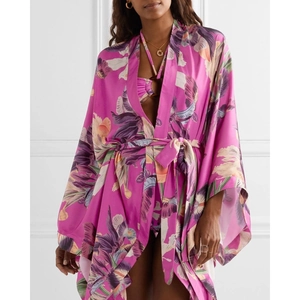 Pink floral print kimono cover-up and matching halter bikini swimsuit set