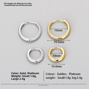 Detailed size chart for micro-pave hoop earrings in golden and platinum finishes