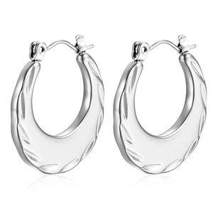 Fashionable silver stainless steel hoop earrings with textured crescent horn design