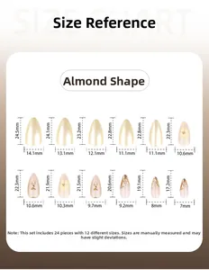 Guide des tailles pour faux ongles amande à fleurs dorées 3D, 12 tailles et 24 pièces
