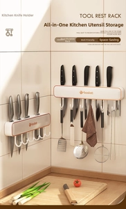 Wall-mounted kitchen knife rack with multi-size slots and hooks for tool storage