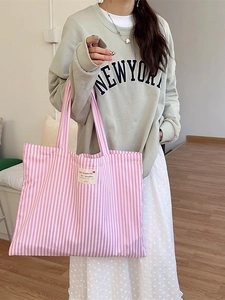 Pink and white striped canvas tote bag with large capacity for daily commuting