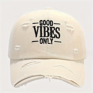 Detail of Good Vibes Only embroidery on beige distressed baseball cap with ripped finish
