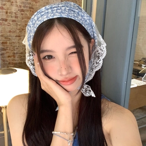 Floral lace triangle headscarf in sky blue with delicate white embroidery for women