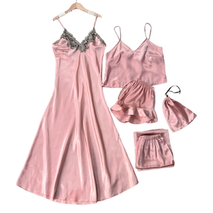 Ensemble pyjama 5 pièces en soie rose pour femme avec caraco dentelle et pantalon assorti
