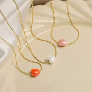 Heart Pendant Necklace Ceramic Copper Gold Plated Bamboo Chain Elegant Clavicle Jewelry For Women