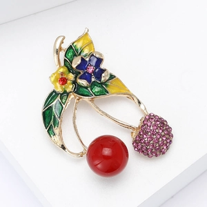 Charming cherry brooch with red bead, purple rhinestones and colorful enamel leaves