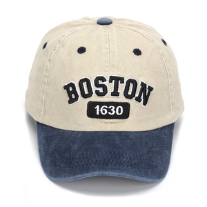 Detail of Boston 1630 embroidery on two-tone washed cotton kids baseball cap
