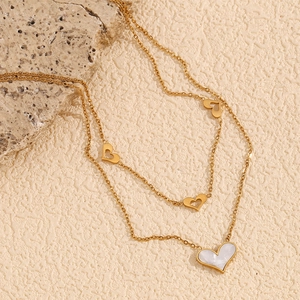 Double Layer Heart Pendant Necklace Stainless Steel Gold Plated Mother Of Artificial Pearl Shell Elegant Jewelry For Women