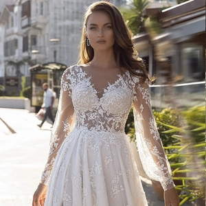 Wedding Dress Lace Applique Vintage V Neck Mermaid Long Sleeves Tulle Backless Long Train Bridal Gown White