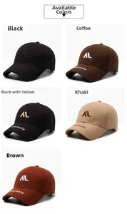 Detail of embroidered AL letters on five multi-colored cotton baseball caps in a row