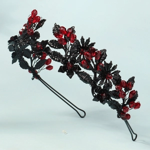 Handmade Halloween headband with red crystals and black flowers for party costumes