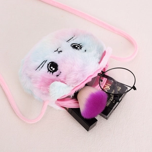 Cute plush cat crossbody bag in pink blue gradient showing interior storage capacity