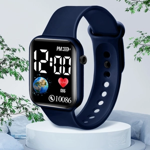 Deep blue digital watch for students with square dial and silicone strap on a pedestal