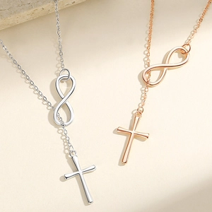 Sterling silver infinity cross necklaces in silver and rose gold finishes for women