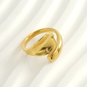 Detailed view of 18k gold plated stainless steel open ring with polished wavy design