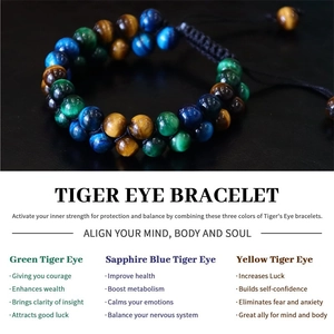 Adjustable double-layer 8mm blue tiger eye stone braided bracelet for men and women