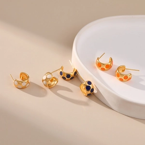 Chic 18K gold plated brass C-shape enamel hoop earrings with colorful polka dots