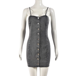 Detailed view of grey washed denim mini dress with front metal buttons on mannequin