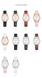 Multiple color variations of cat pattern quartz watches with leather straps for girls