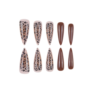 Brown leopard print stiletto press-on nails with minimalist glossy brown finish