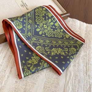 Detail of gray paisley print silk scarf with golden-green patterns and vintage border