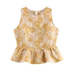 Ärmelloses Schößchen-Top Damen Elegant Floral Jacquard Rundhals Hemd Mit Reißverschluss Hinten Sommer Mode Bluse