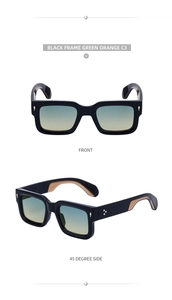 Front and 45-degree side view of black square sunglasses with green orange gradient lenses