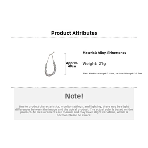 Detailed view of silver rhinestone layered necklace with precise measurements and 21g weight