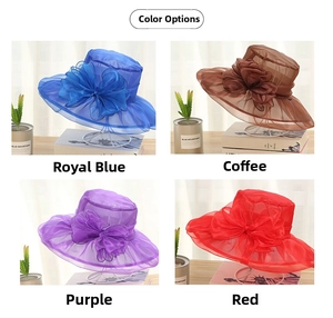 Collage of wide brim mesh sun hats with organza flowers in blue, coffee, purple and red