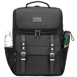 Black Oxford laptop backpack with PU leather straps and USB port for travel and school