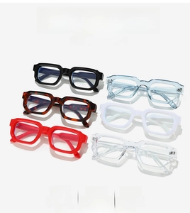 Detailed display of vintage square glasses frames in multiple colors and thick acetate