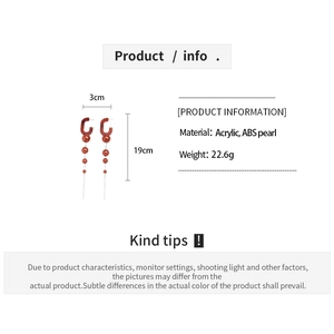 Detailed size chart of red acrylic C-shape earrings with long faux pearl tassels