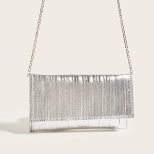 Silver pleated evening clutch bag with metallic finish and delicate chain strap