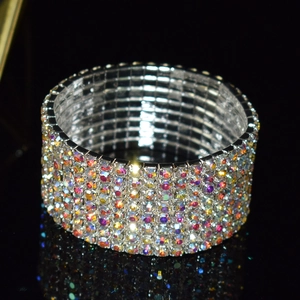 Sparkling silver-toned wide multi-row elastic bridal bracelet with AB rainbow rhinestones