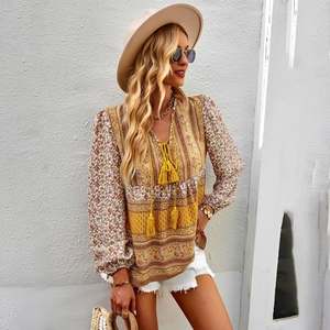 Bohemian style long sleeve shirt with yellow ethnic print and tassel tie for women