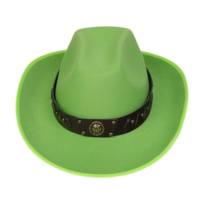 Detail of green wool cowboy hat with brown leather band and gold horseshoe buckle