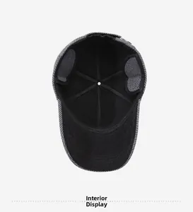Detail view of winter baseball cap showing warm black lining and foldable earflaps