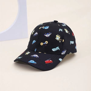 Kids' black baseball cap with cartoon vehicle prints like police cars and planes
