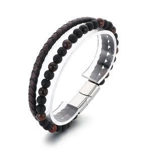 Handmade double-layer leather bracelet with tiger eye beads and silver magnetic clasp