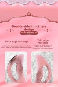 Pink resin guasha tool with dual-thickness edges for neck and back massage therapy