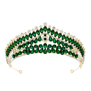 Luxurious vintage gold bridal crown with deep green emerald teardrop crystals and rhinestones