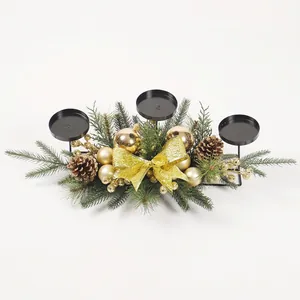 Christmas Candle Holder Centerpiece Gold Bow PE Pine Needle Pine Cone Iron Multi Tray Table Decor Holiday Rural Style