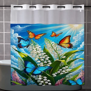 Detail of waterproof waffle shower curtain featuring butterfly and lily of the valley print